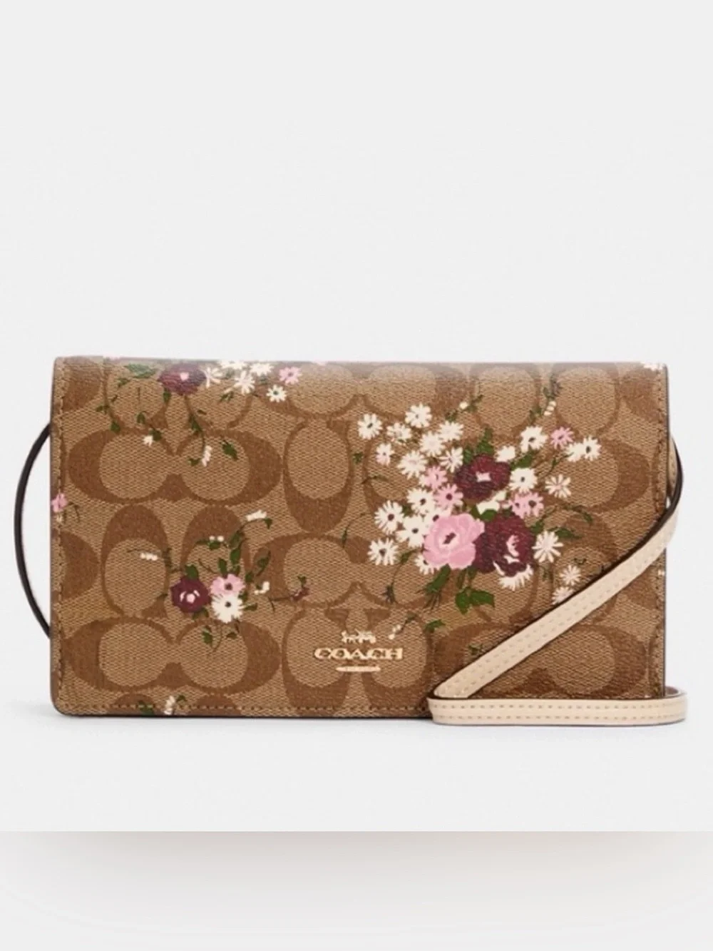 Coach Anna Foldover Crossbody Clutch | Evergreen Floral Print & Detachable Strap
